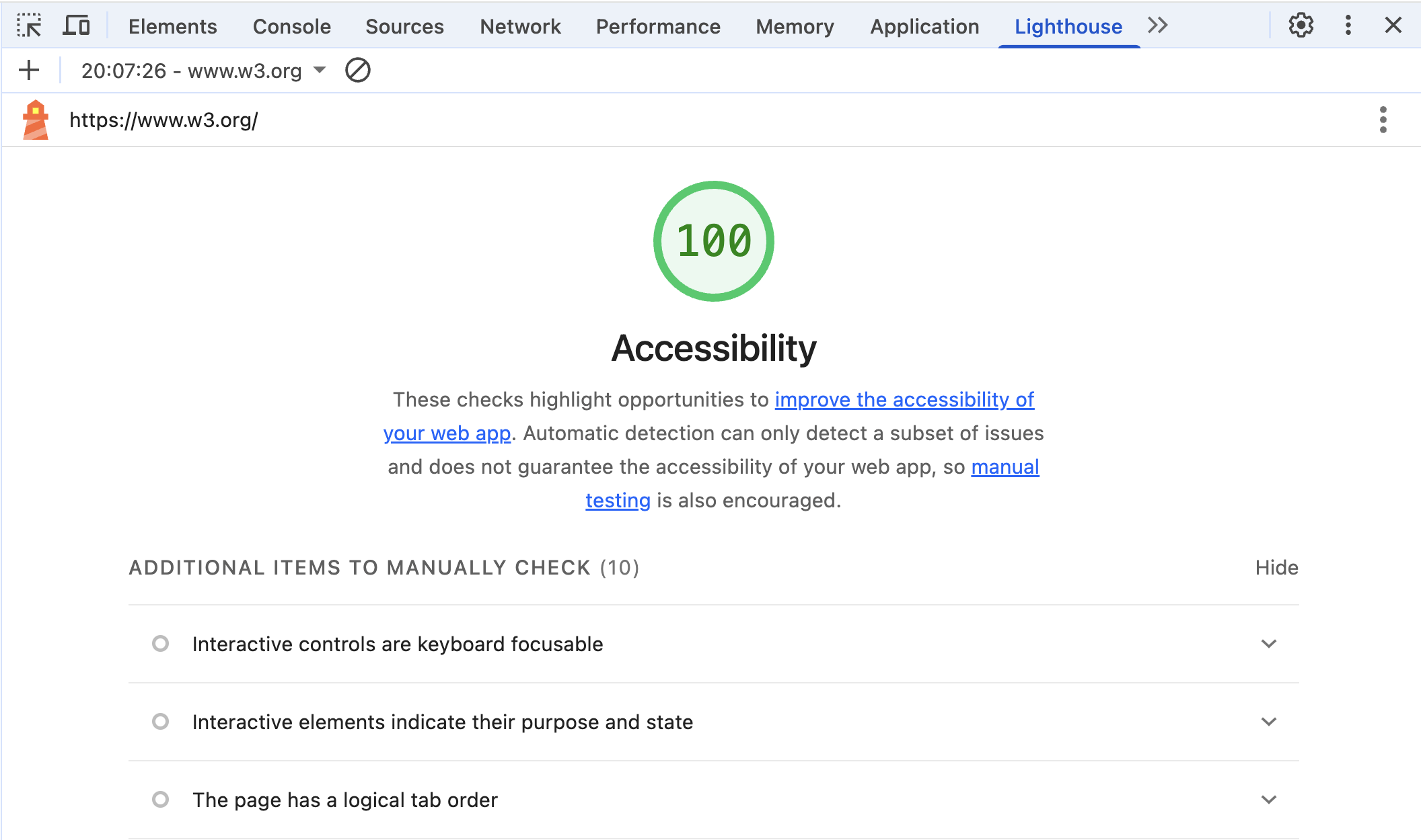 img3 A lighthouse report showing a score of 100 and a list of additional items to manually check.