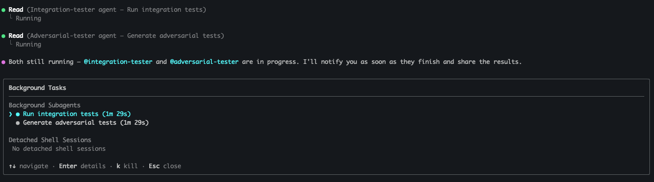 Both testers run as independent background subagents, each deriving acceptance criteria from the ticket not from the builder's interpretation of it.
